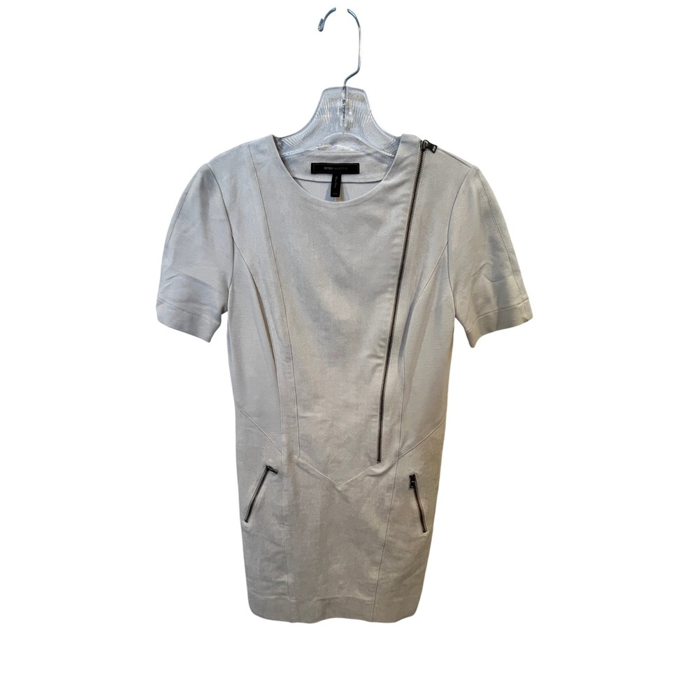 BCBGMAXAZRIA Womens Faux Suede Asymmetrical Zip Shift Dress Grey XXS Moto Pocket